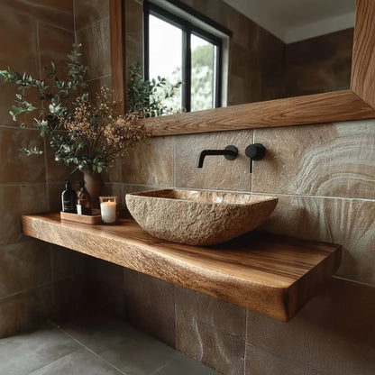 Echra Rustic Handcrafted Solid Wood Floating Bathroom Vanity Slab Kitchnce