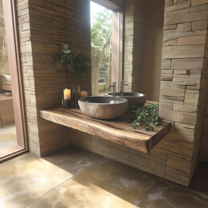 Echra Rustic Handcrafted Solid Wood Floating Bathroom Vanity Slab Kitchnce