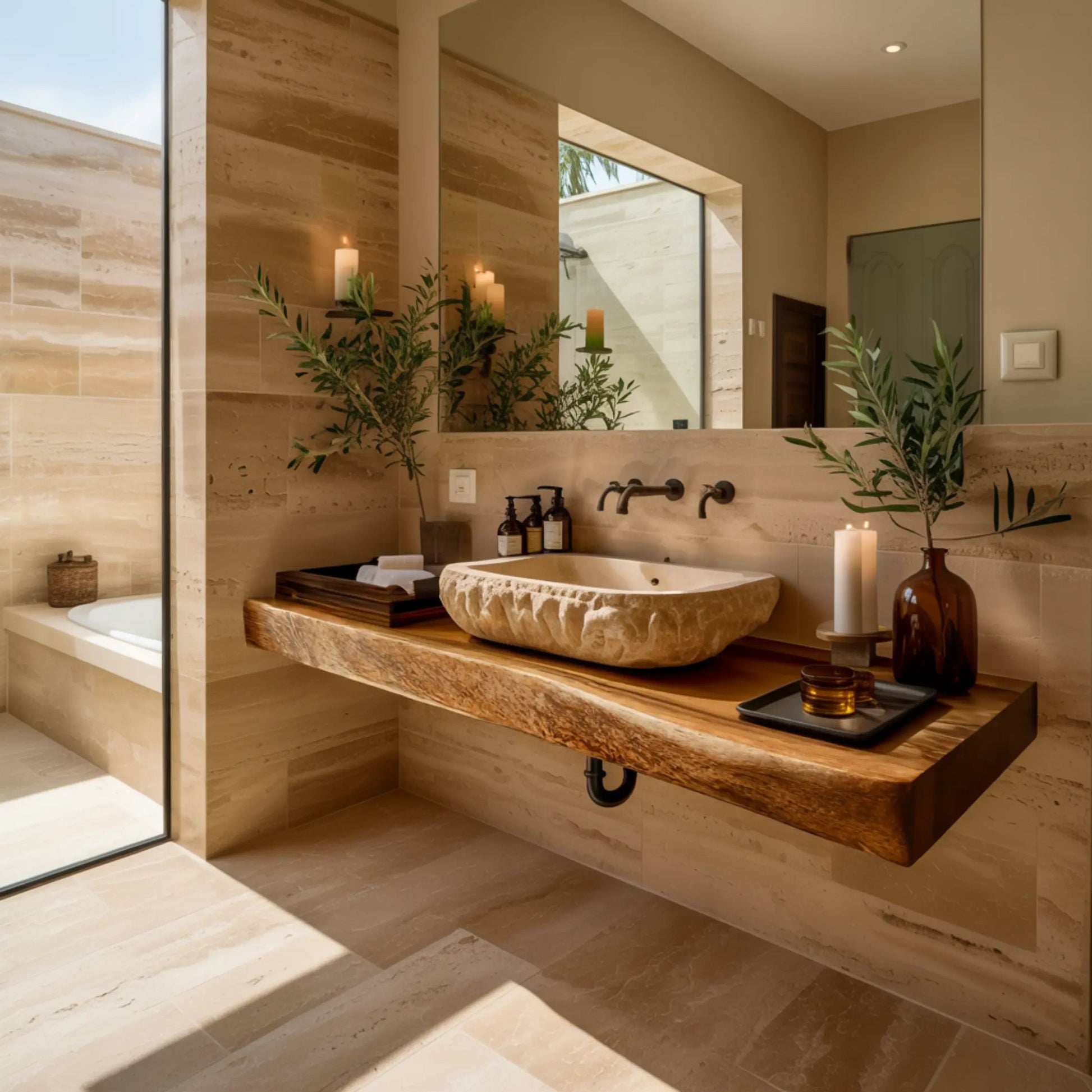 Echra Rustic Handcrafted Solid Wood Floating Bathroom Vanity Slab Kitchnce
