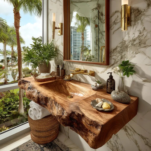 Elarion Live Edge Solid Wood Floating Bathroom Vanity with Integrated Sink SPA572004 Kitchnce