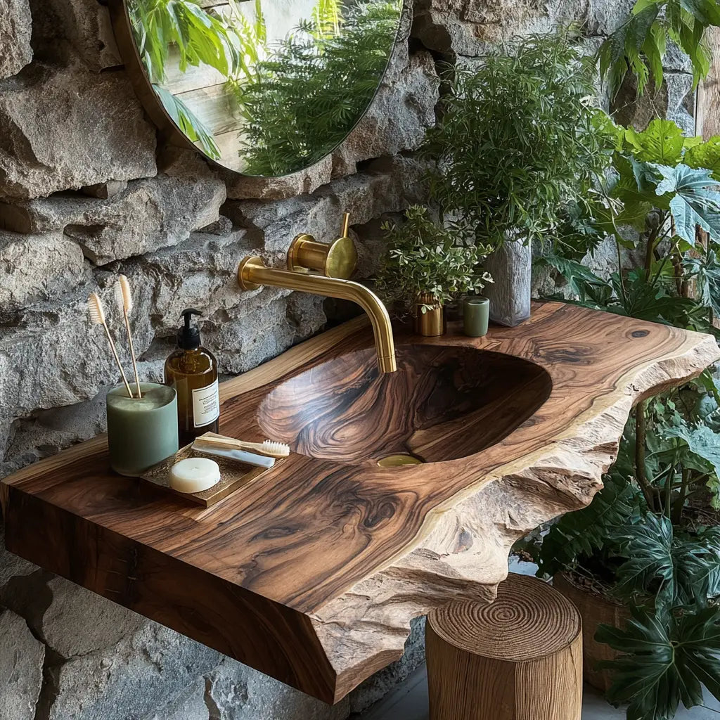 Elowen Live-Edge Wood Floating Bathroom Vanity with Integrated Sink Kitchnce