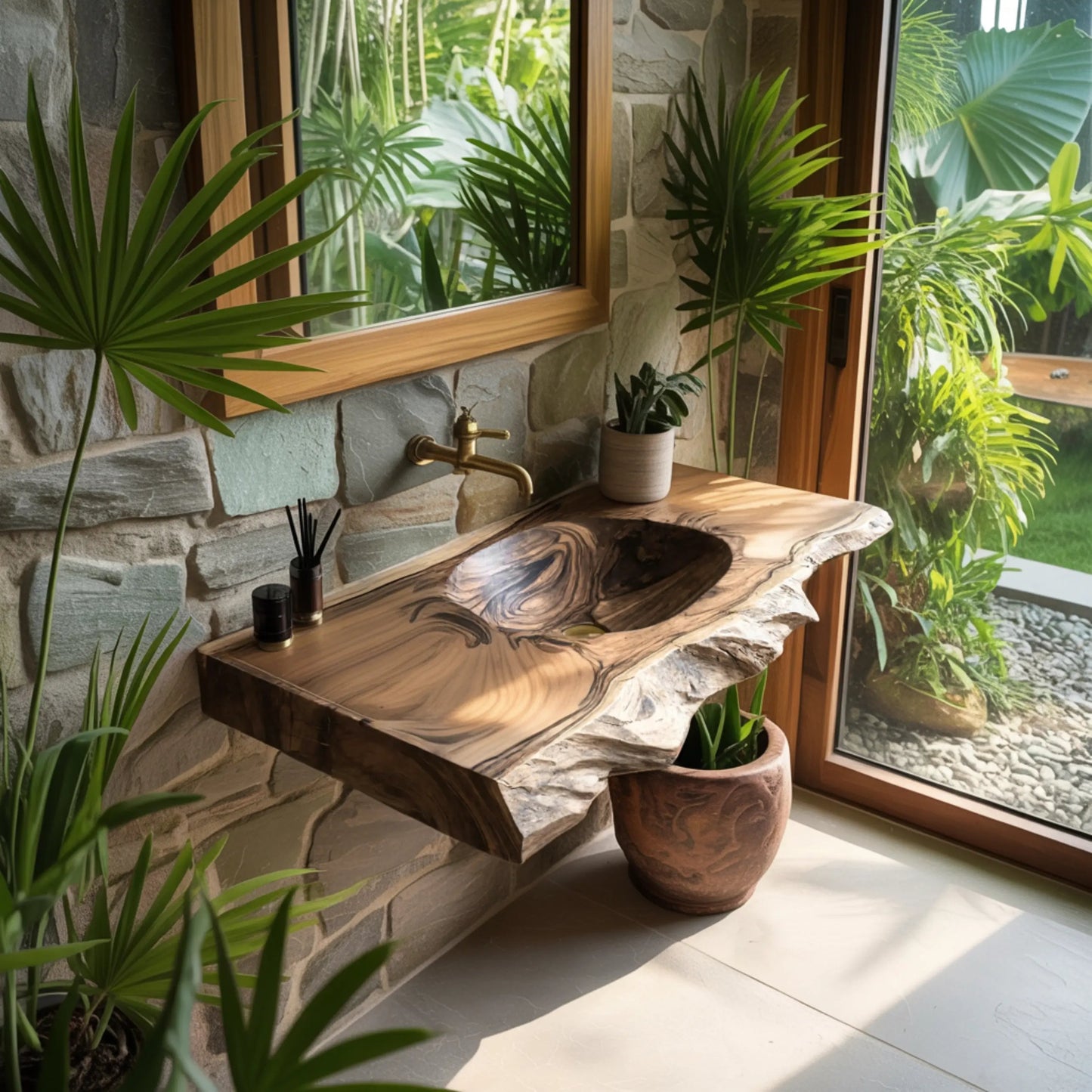 Elowen Live-Edge Wood Floating Bathroom Vanity with Integrated Sink Kitchnce