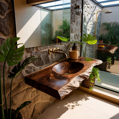 Elowen Live-Edge Wood Floating Bathroom Vanity with Integrated Sink Kitchnce