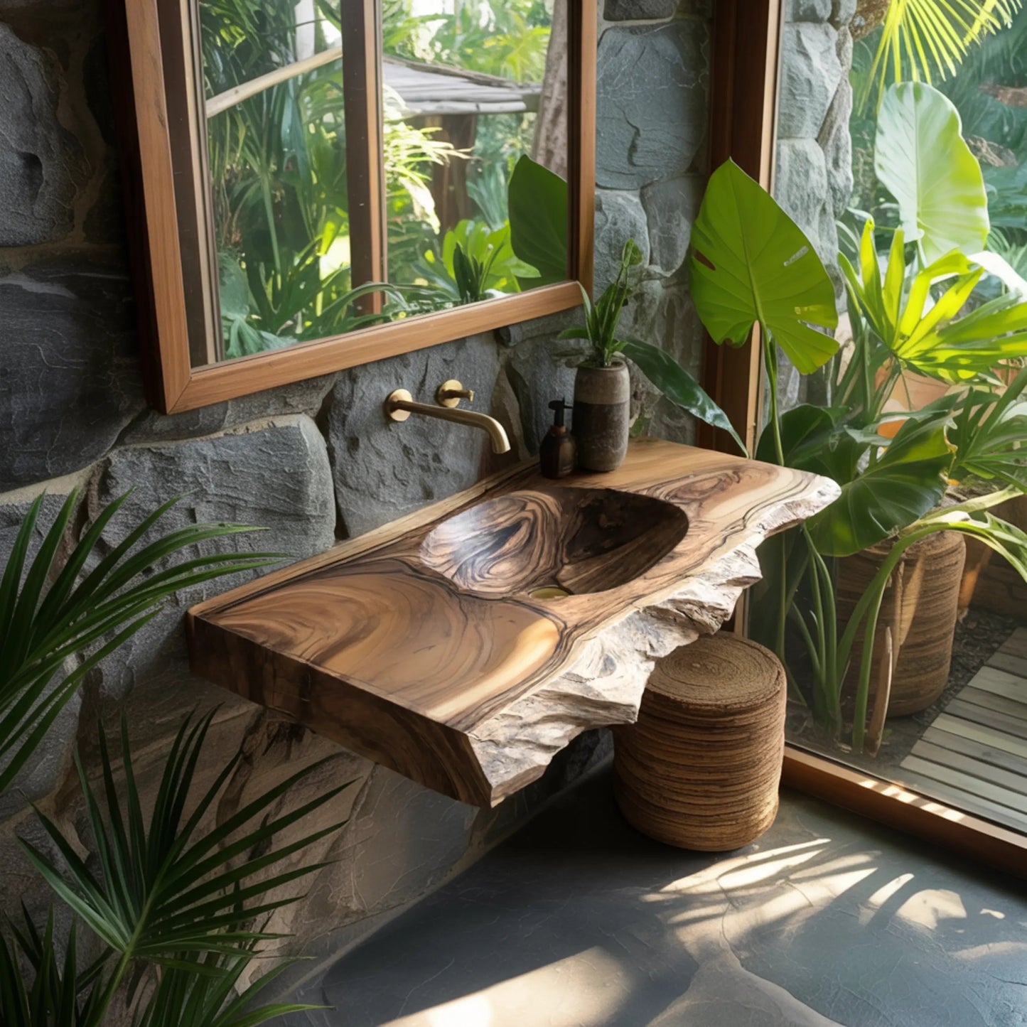 Elowen Live-Edge Wood Floating Bathroom Vanity with Integrated Sink Kitchnce