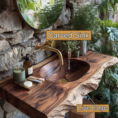 Elowen Live-Edge Wood Floating Bathroom Vanity with Integrated Sink Kitchnce