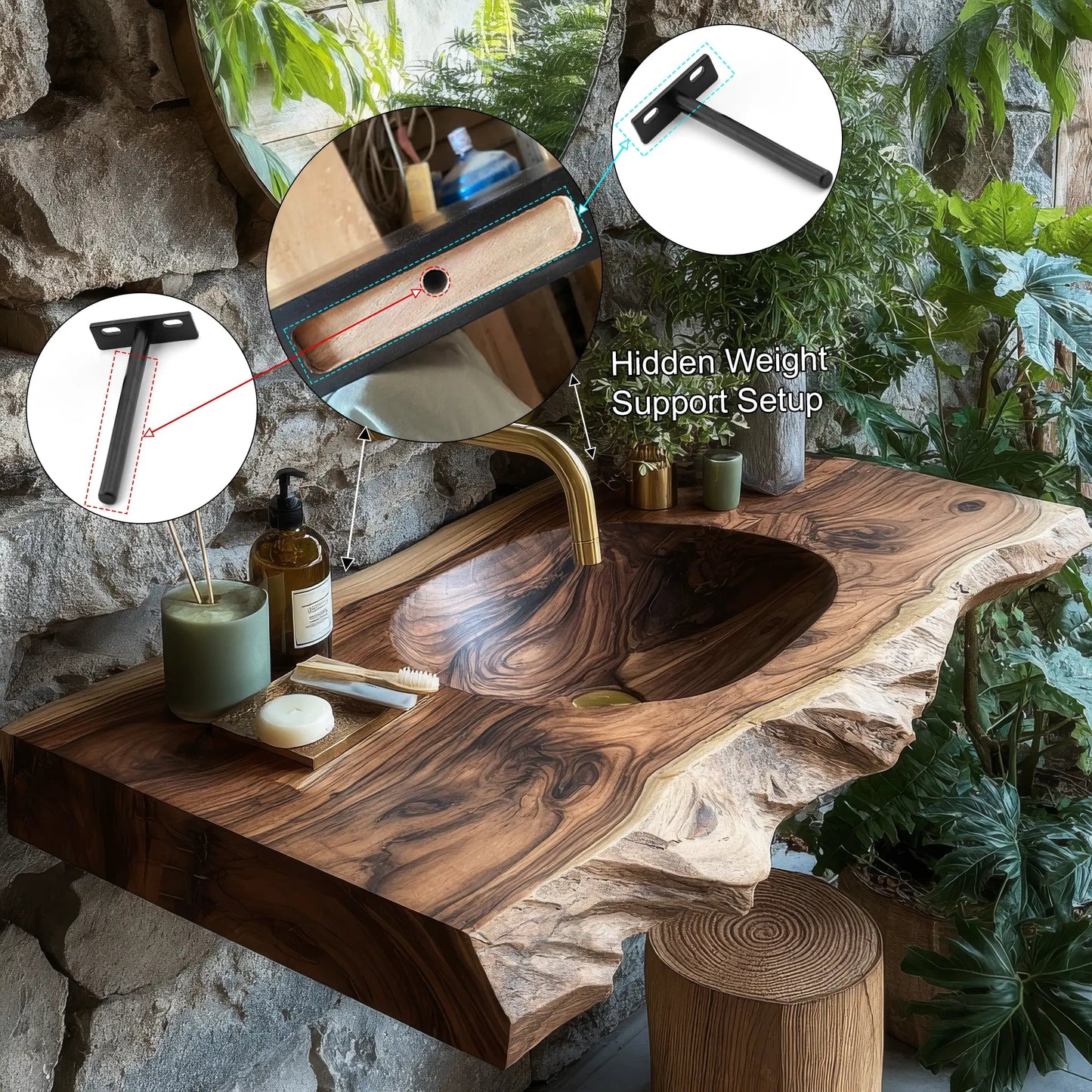 Elowen Live-Edge Wood Floating Bathroom Vanity with Integrated Sink Kitchnce