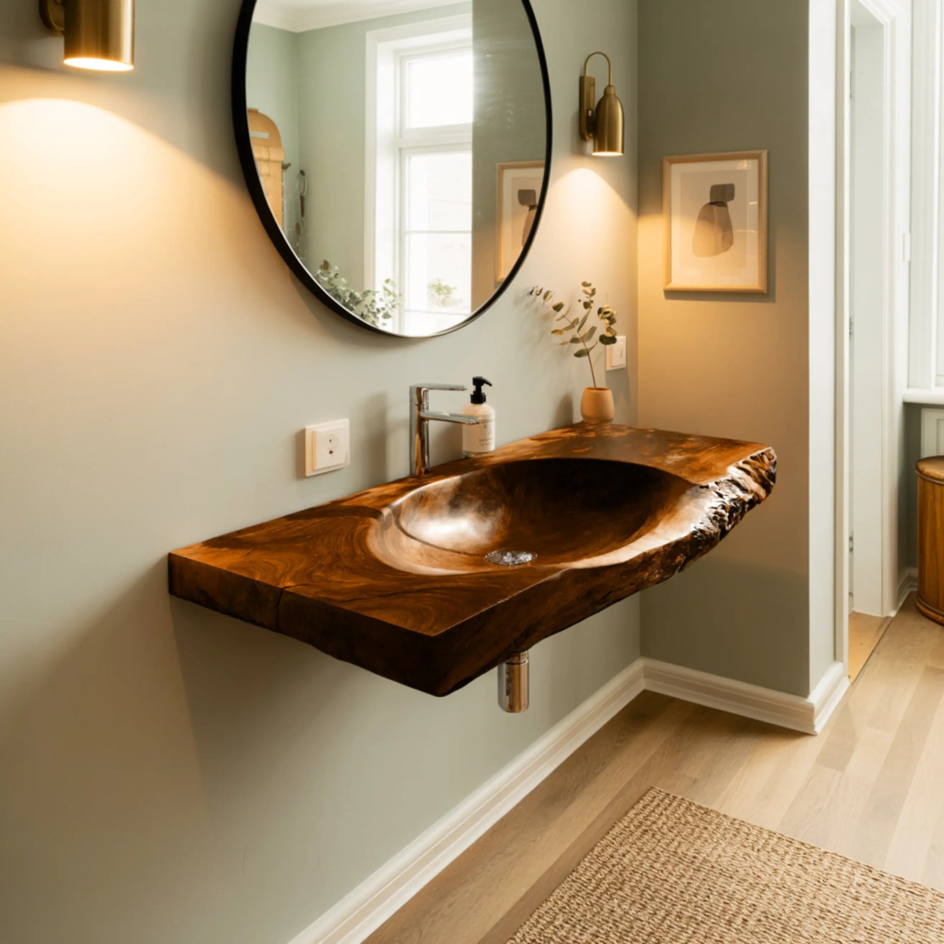 Elowen Live Edge Solid Wood Floating Bathroom Vanity with Integrated Sink Kitchnce