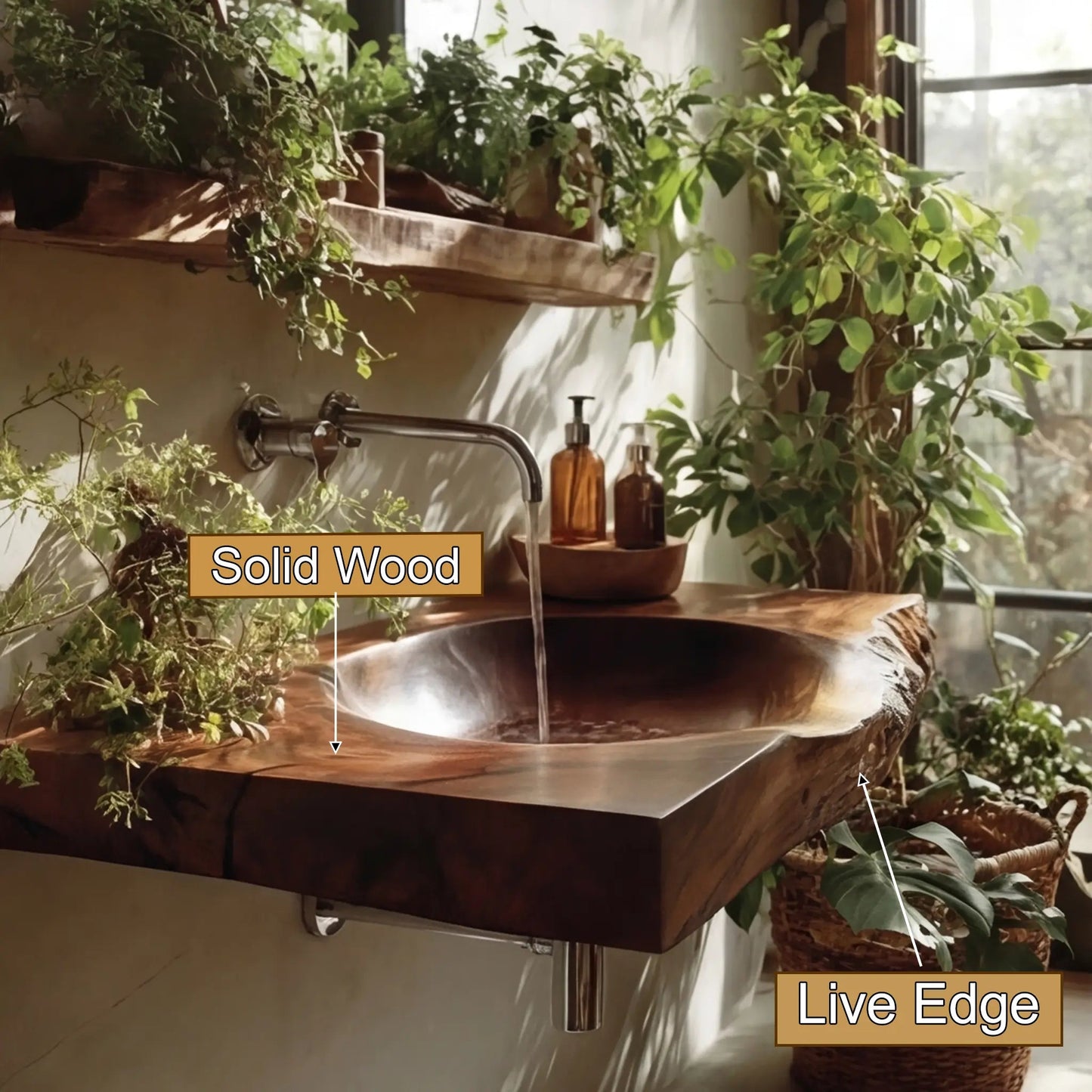 Elowen Live Edge Solid Wood Floating Bathroom Vanity with Integrated Sink Kitchnce