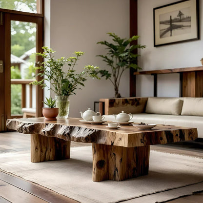 Live Edge Coffee Table in Solid Wood with Rustic Block Base