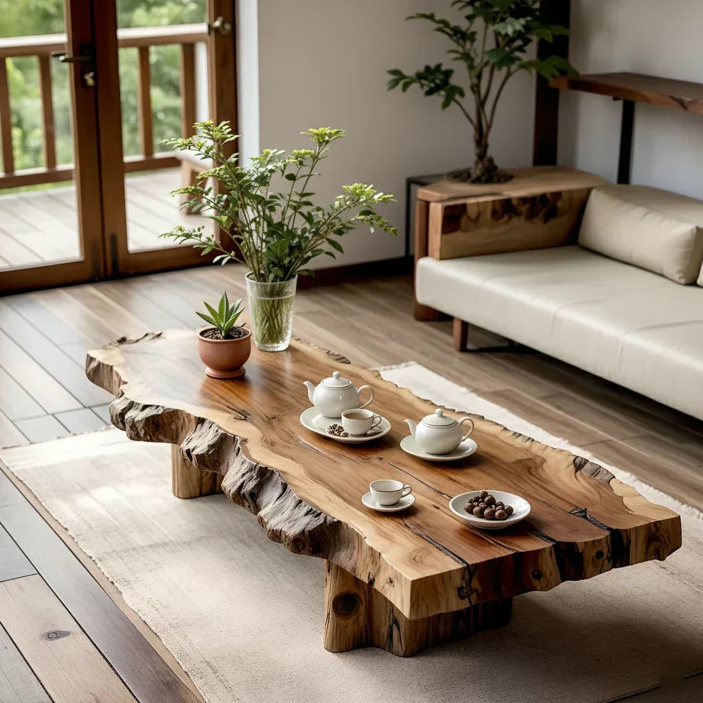 Live Edge Coffee Table in Solid Wood with Rustic Block Base