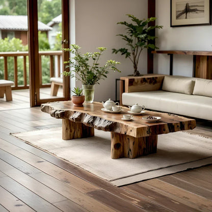 Live Edge Coffee Table in Solid Wood with Rustic Block Base