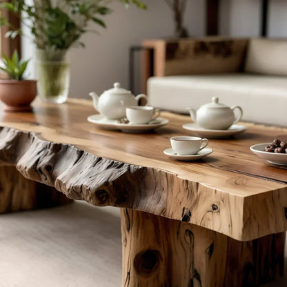 Live Edge Coffee Table in Solid Wood with Rustic Block Base