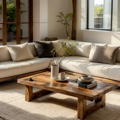 Rustic Solid Wood Coffee Table Minimalist Low Slab Center Table