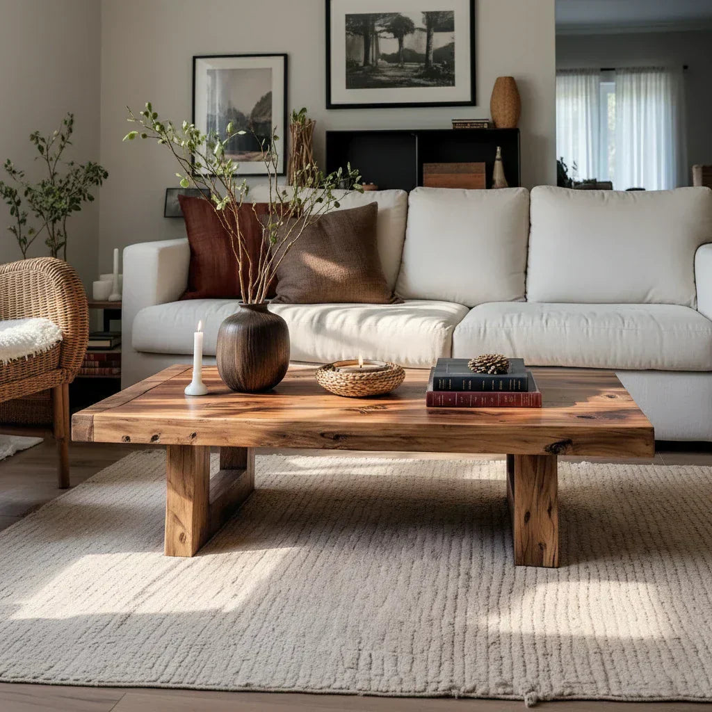Handcrafted Solid Wood Coffee Table Rustic Low Block Center Table