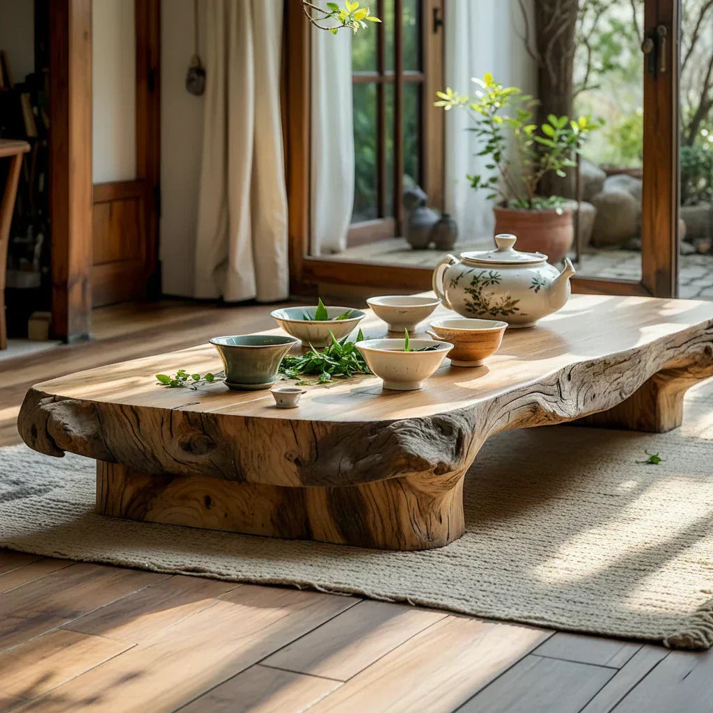 Low Solid Wood Tea Table with Natural Live Edge and Organic Base