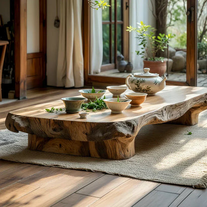 Low Solid Wood Tea Table with Natural Live Edge and Organic Base