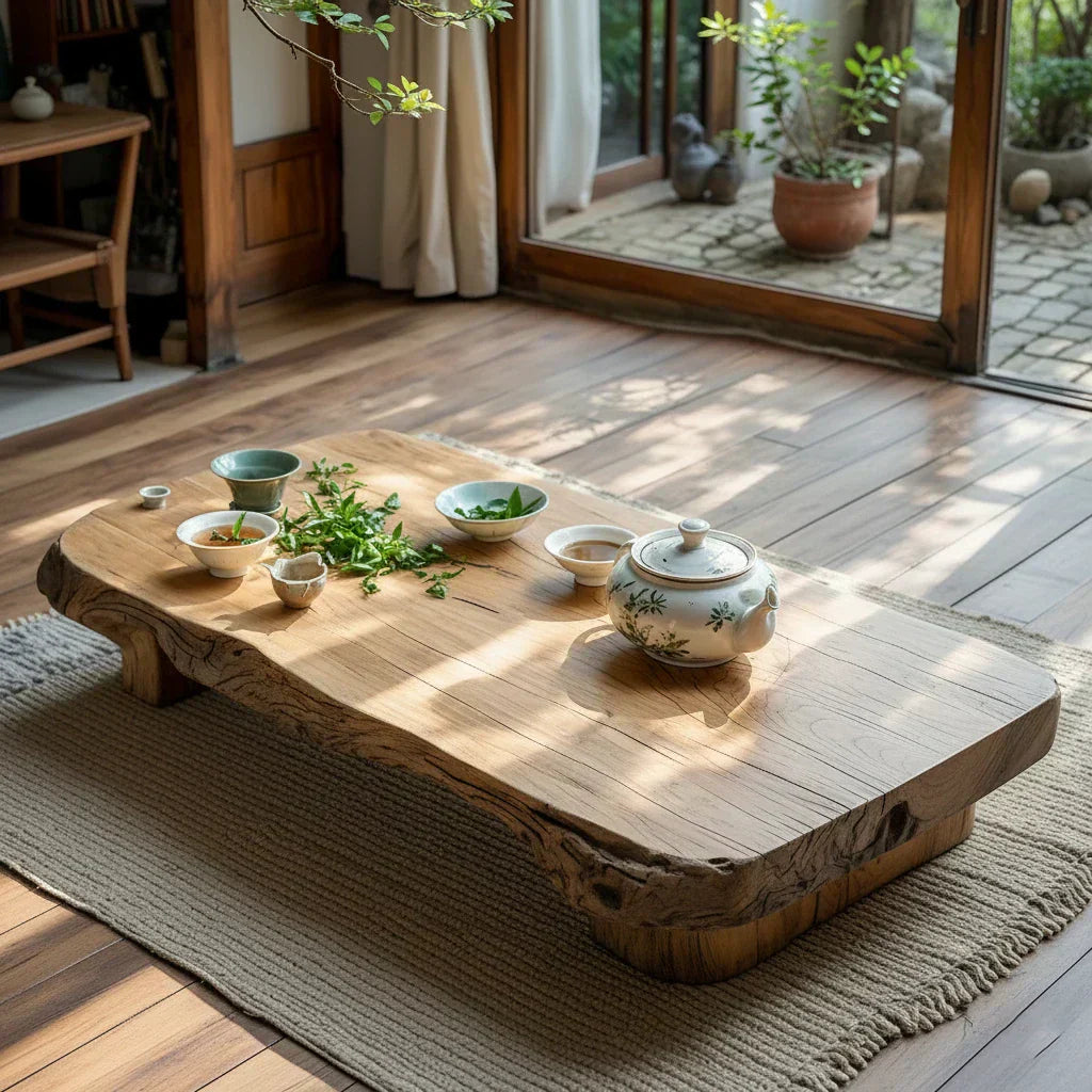 Low Solid Wood Tea Table with Natural Live Edge and Organic Base