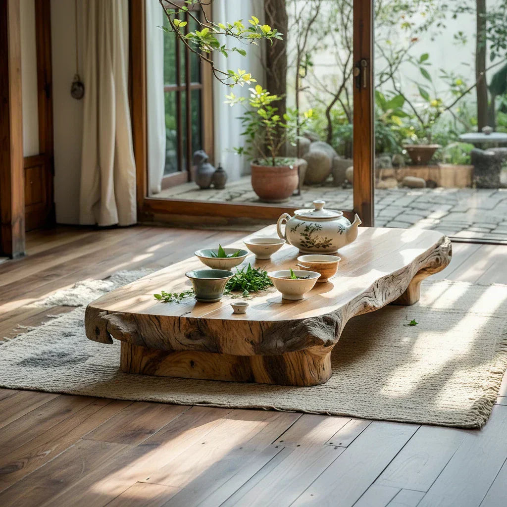 Low Solid Wood Tea Table with Natural Live Edge and Organic Base