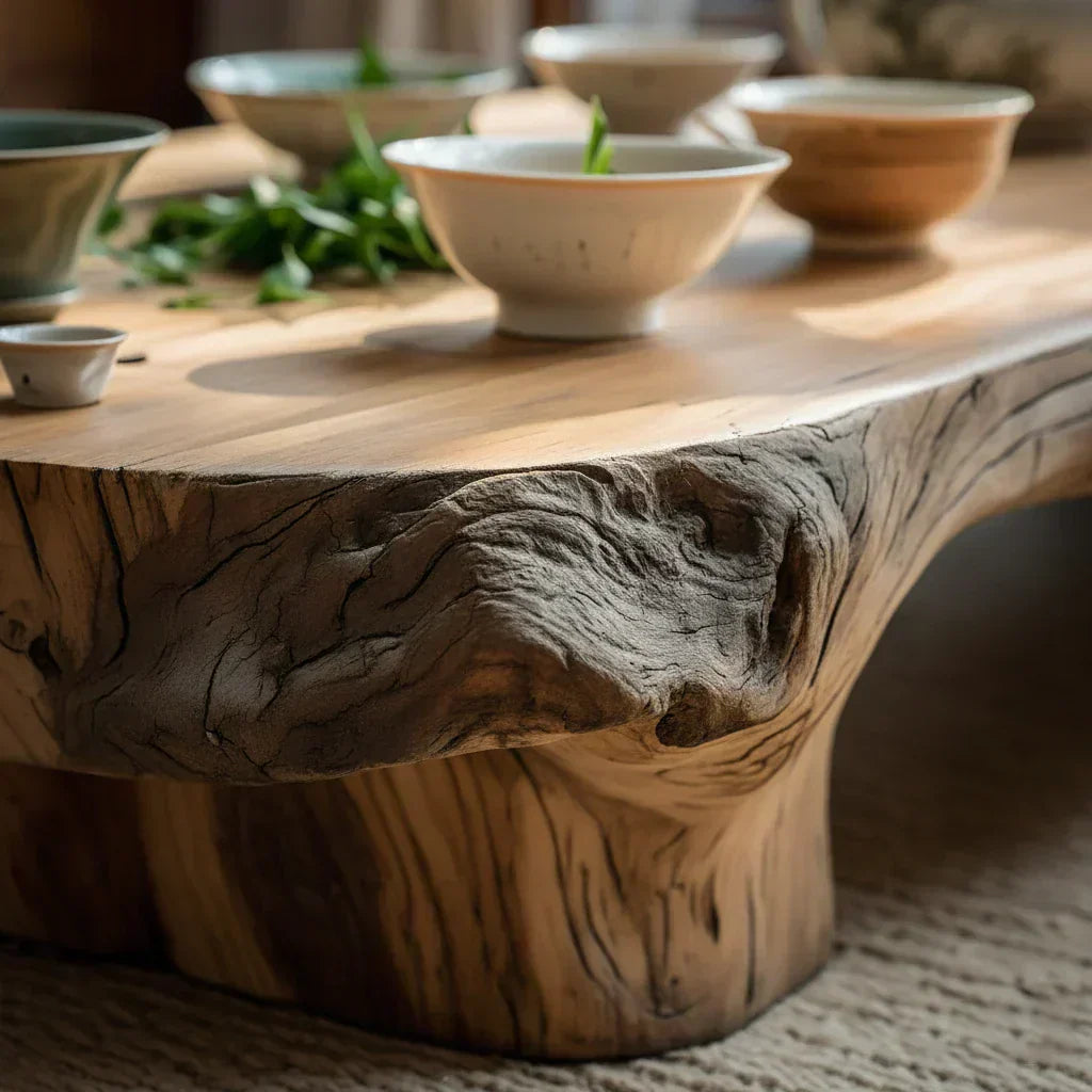 Low Solid Wood Tea Table with Natural Live Edge and Organic Base