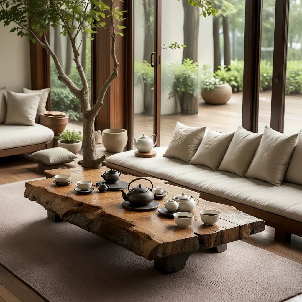 Japanese Style Solid Wood Tea Table with Live Edge Slab Top