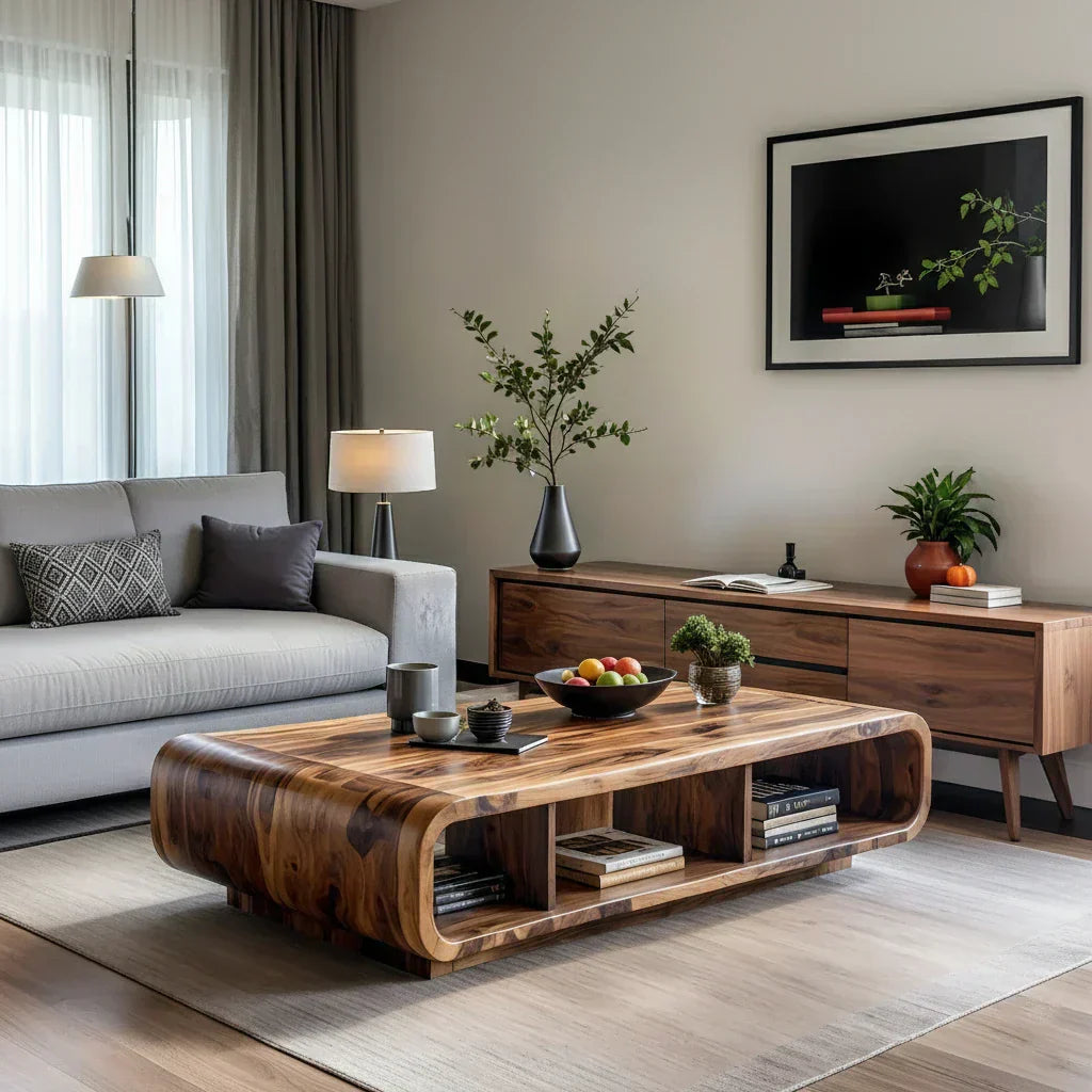 Live Edge Curved Wood Coffee Table with Open Shelf Storage