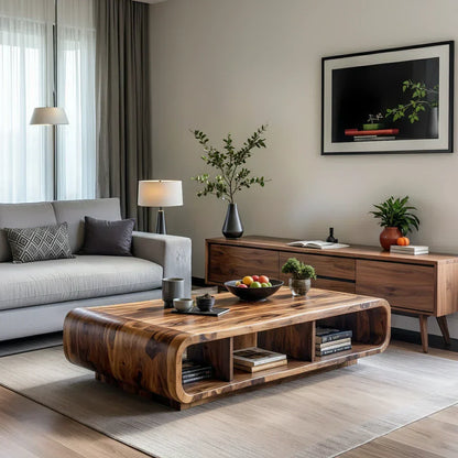 Live Edge Curved Wood Coffee Table with Open Shelf Storage