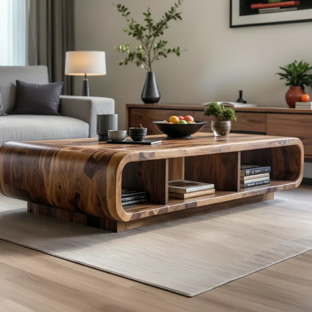 Live Edge Curved Wood Coffee Table with Open Shelf Storage