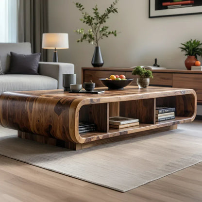 Live Edge Curved Wood Coffee Table with Open Shelf Storage