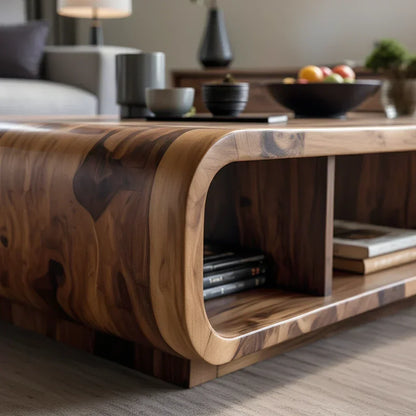 Live Edge Curved Wood Coffee Table with Open Shelf Storage
