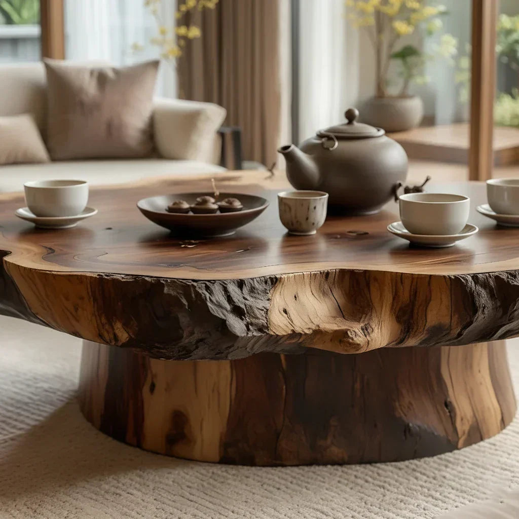 Round Live Edge Wood Coffee Table with Pedestal Base