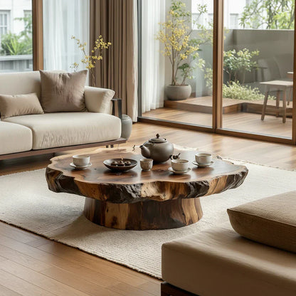 Round Live Edge Wood Coffee Table with Pedestal Base