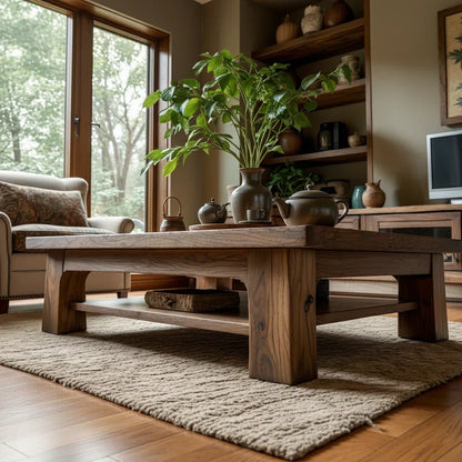 Solid Wood Coffee Table with Shelf Storage for Living Room
