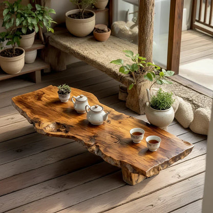 Handcrafted Solid Wood Tea Table with Live Edge and Rustic Block Base