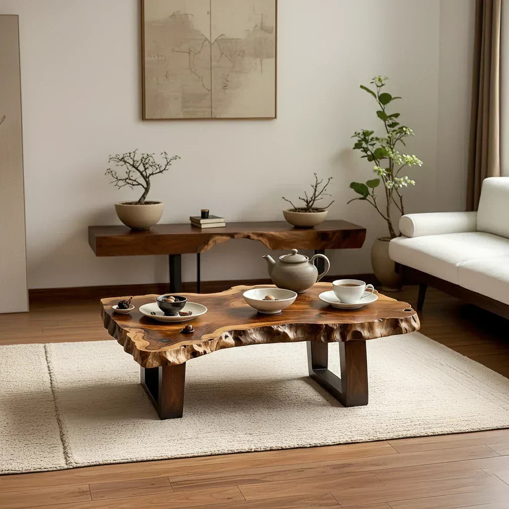 Organic Live Edge Solid Wood Coffee Table with Sculpted Natural Form
