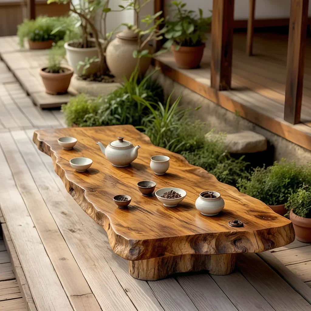 Low Profile Solid Wood Coffee Table with Live Edge and Rustic Base
