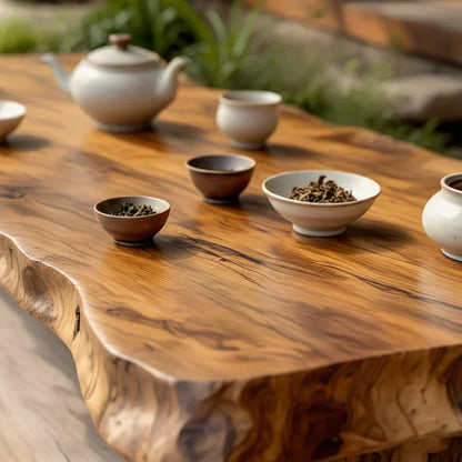 Low Profile Solid Wood Coffee Table with Live Edge and Rustic Base