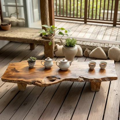 Handcrafted Solid Wood Tea Table with Live Edge and Rustic Block Base