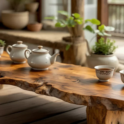 Handcrafted Solid Wood Tea Table with Live Edge and Rustic Block Base
