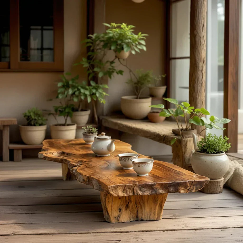 Handcrafted Solid Wood Tea Table with Live Edge and Rustic Block Base