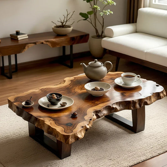Organic Live Edge Solid Wood Coffee Table with Sculpted Natural Form