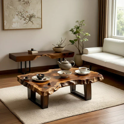 Organic Live Edge Solid Wood Coffee Table with Sculpted Natural Form