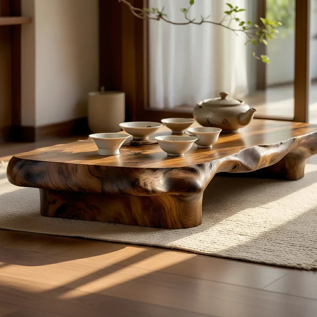 Organic Solid Wood Tea Table with Sculpted Base and Live Edge Form