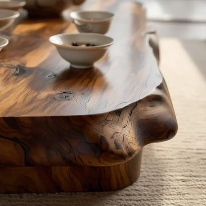 Organic Solid Wood Tea Table with Sculpted Base and Live Edge Form