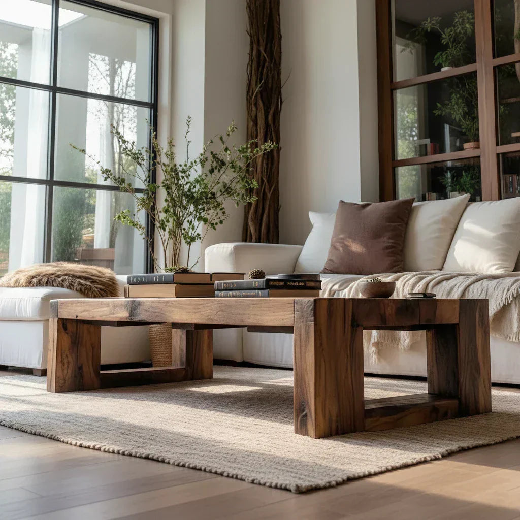 Solid Wood Block Coffee Table Rustic Minimalist Low Center Table
