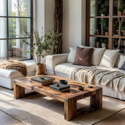 Solid Wood Block Coffee Table Rustic Minimalist Low Center Table