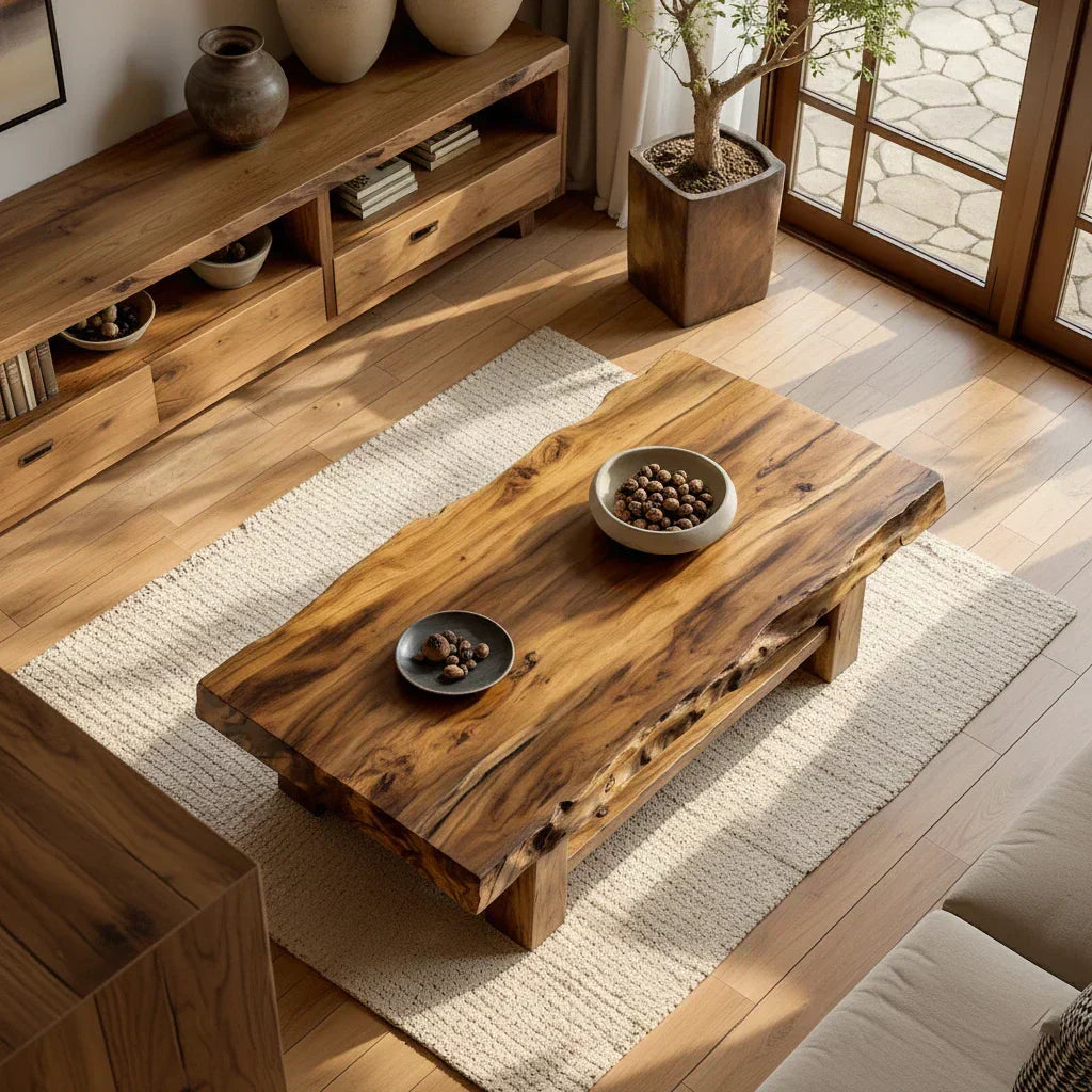 Solid Wood Coffee Table with Live Edge Top and Open Shelf Base