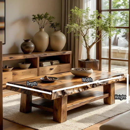 Solid Wood Coffee Table with Live Edge Top and Open Shelf Base