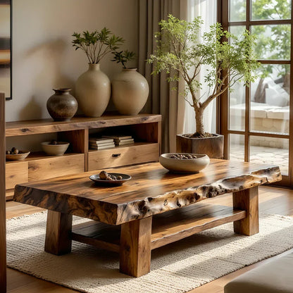 Solid Wood Coffee Table with Live Edge Top and Open Shelf Base