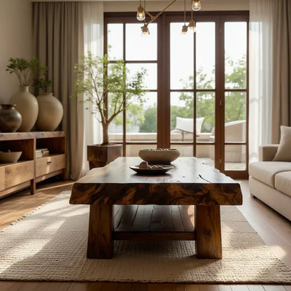 Solid Wood Coffee Table with Live Edge Top and Open Shelf Base