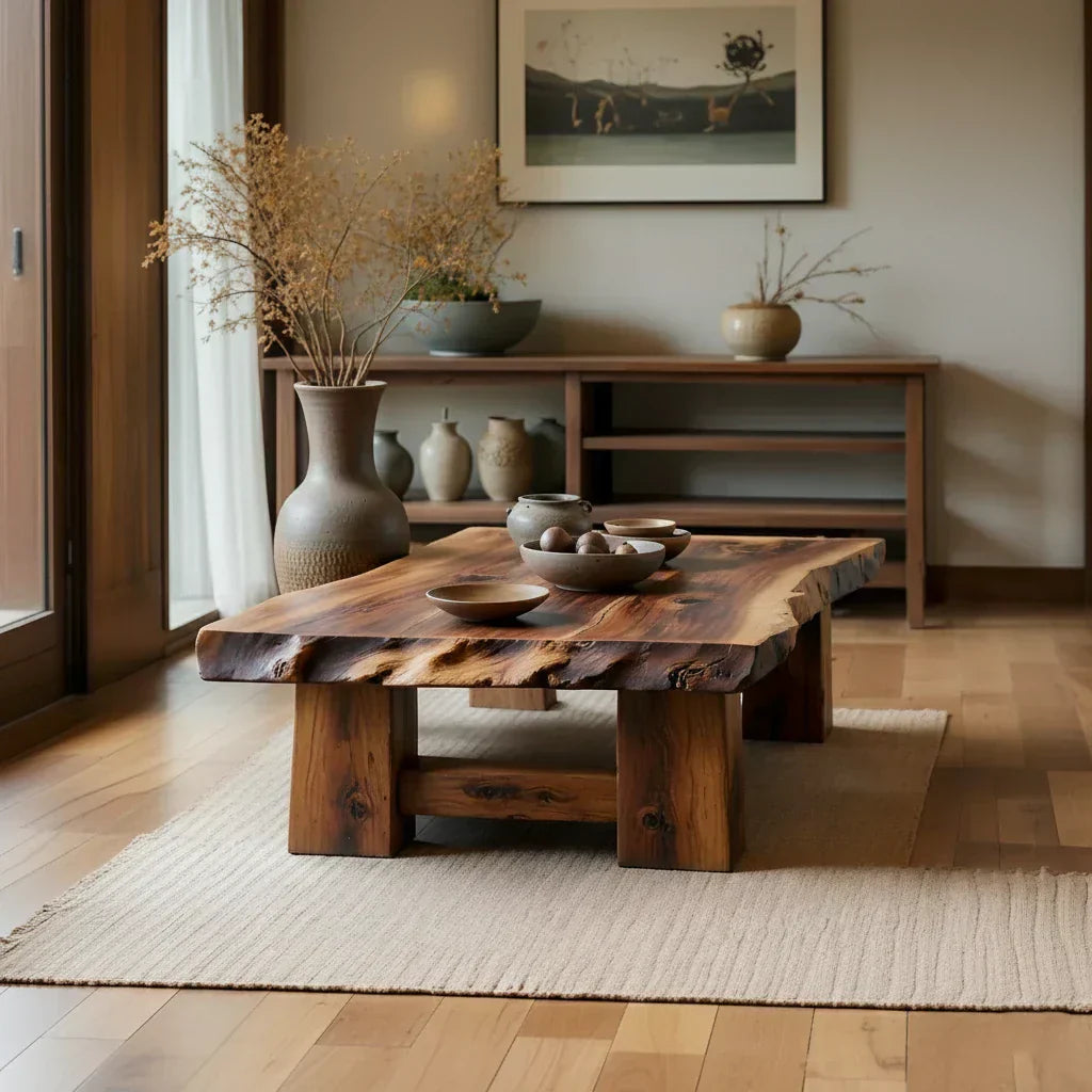 Rustic Solid Wood Coffee Table with Live Edge Top and Thick Block Legs